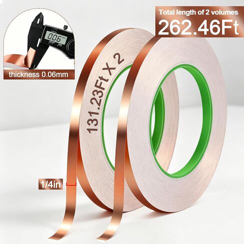 2 Pack 1/4 Inch X 262.47Ft Copper Tape Conductive Adhesive, Double-Sided Conductive Copper Foil Tape for EMI Shielding, Electrical Repairs, Stained Glass, Soldering & Crafting in Kuwait