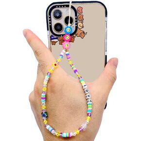 Beaded Phone Lanyard Wrist Strap,Kawaii Love Heart Letters Universal Mobile Phone Lanyard Beaded Cell Phone Charm Rainbow Color Handmade Soft Ceramic Pearl Phone Keychain for Women Girl,Black