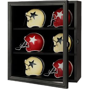 6 Mini Football Helmet Display Case, Wood Mini Helmet Display Case, Helmet Stand Display Cabinet Wall Mount with Lockable Real Glass Door, Black