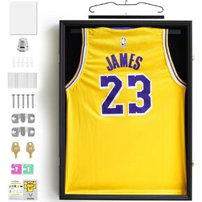Jersey Frame Display Case – Lockable Shadow Box with 98% UV Protection – 2 Hangers, Pin Board – for Baseball, Basketball, Football, Soccer, Hockey, Sports & Unifrom Shirt – Large, Black