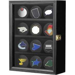 حقيبة عرض Bekith 12 Hockey Puck مع باب حماية من الأشعة فوق البنفسجية قابل للقفل، حامل عفريت رف صندوق الظل خزانة حائط، إطار أسود in Kuwait