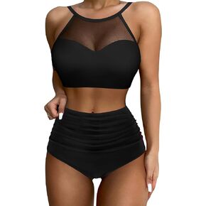 SUUKSESS Women High Waisted Bikini Sets Sexy Mesh High Neck Swimsuit 2 Piece