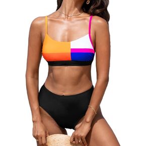 CUPSHE Women's Bikini Sets Two Piece Bathing Suit Scoop Neck Color Block Spaghetti Straps Mid Rise Back Hook