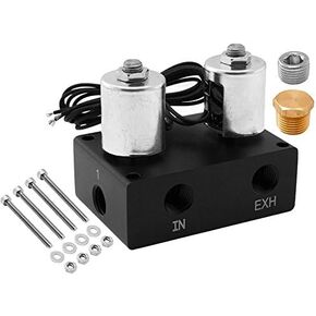 Vixen Air Suspension Valve Manifold 1/4 "NPT Kit (أحمر) مع 2 صمامات ملف لولبي لركوب الهواء. ينفخ ويفرغ 1 وسادة هوائية، نوابض VXF1UM14CPRO