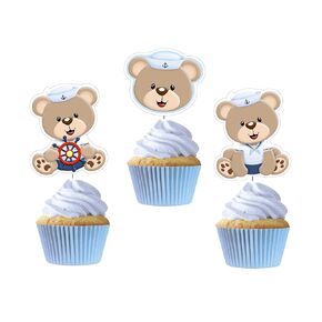 Nautical Bear Cupcake Toppers 12 PCS for Birthday Party, Sailor Cake Picks, Ocean Sailing Baby Shower Themed, Boy Teddy Bear Party Decorations Supplies, Blue Rings