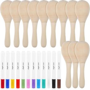 Milisten 12pcs Unfinished Wooden Maracas with Paint Pens, DIY Mini Wood Maracas Blank, Egg Shaker Rattle Orff Hand Percussion Musical Instrument for Halloween Christmas Party Decor