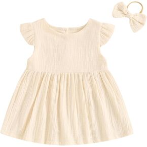 Fernvia Toddler Baby Girl Summer Clothes Fly Sleeve Crewneck Solid Color Girl Dress with Headband Infant Outfits