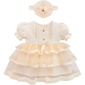 Baby Girl Newborn Puff Short Sleeve Unique Tutu Skirt Dress, Baby Girl Princess Dress with Flower Headband