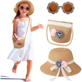 Xtinmee 3 Pcs Summer Hat Bag Sunglasses Set Straw Hat Pocket Bag Flower Round Sunglasses for Kids Activities Outdoor