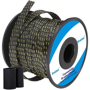 Braided - Cable Sleeves - PET Expandable Wire Loom 1/8"-100ft, Braided Wire Hider Mesh, Cord Management Organizer for USB Power Video Cable, Flexible Wrap Cover w/Heat Shrinkable Tubes, Black&Yellow