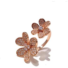 U/B Double Clover Rings for Women Shining Cubic Zirconia Ring 18K Gold Plated Adjustable Ring Ladies
