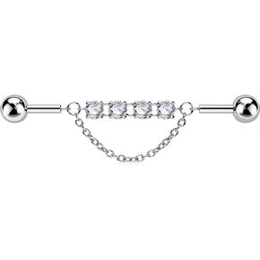 OUFER Industrial Piercing Jewelry Chain, Industrial Earrings 316L Surgical Steel, Internal Thread 14G Industrial Barbells, Clear CZ Industrial Bar Piercing-38MM