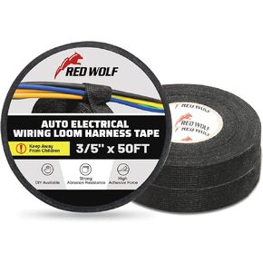 RED WOLF Electric Wiring Harness Tape 3 Rolls High Temp Self-Adhesive Fabric Tape for Automobile Electrical Harness Wrap Noise Damping Protection Insulation Cable Fixed Black, 3/5 Inch x 50FT