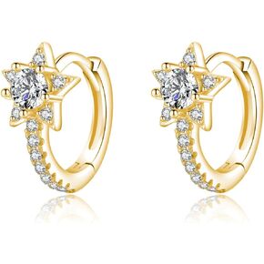SLUYNZ Solid 925 Sterling Silver Small Star Hoop Earrings for Women Teen Girls CZ Star Hoop Earrings Huggie