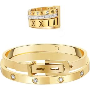 Jarlinwel Stainless Steel CZ Zirconia Roman Numeral Ring For Women Girls 3 in 1 Spinner Rings and Roman Numeral Bangle Bracelet Set