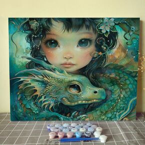 Paint by Number Chinese Green Dragon with Little Girl DIY Painting Canvas with Brushes Acrylic Paints Anime Style Dark Cyan Gold Paint by Numbers for Adults and Kids Beginner 16x20 Inch（DIY Frame）