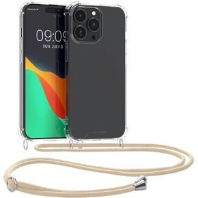 kwmobile Crossbody Case Compatible with Apple iPhone 14 Pro Max Case - Clear TPU Phone Cover w/Lanyard Cord Strap - Gold/Transparent