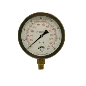 Winters 4" Dial Size, Liquid Filled Industrial Pressure Gauge, Brass Internals, 304 Stainless Steel Case, Dual Scale 0-160 psi/kPa, 1.5% Acc, 1/4" NPT Bottom Mount, Glycerin Filled Pressure Gauge