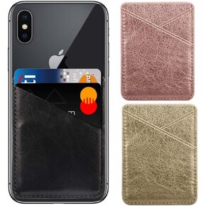 PU Leather Cell Phone Wallet, Adhesive Sticker Cash Credit Card Holder for Back of Phone, Stick On Pouch Sleeve Pocket Compatible with iPhone Samsung Galaxy Android Most Phones