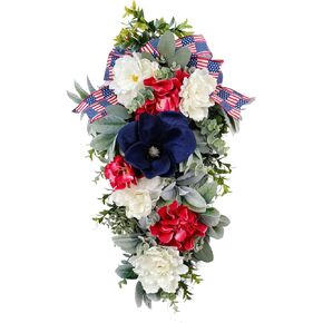 28 Inch Patriotic 4th of July Swag - Red White Blue Flower Teardrop Wreath with Flag Printed Bow for Door, Wall, Porch Decor - American Memorial Day Independence Day Holiday Summer Home Decoration