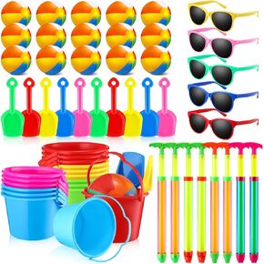 75 Pcs End of Year Students Gift Kids Beach Pool Party Favors Sand Buckets Shovels Neon Sunglasses Inflatable Beach Balls Water Guns Set for Outdoor Summer Swimming Pool Party Game(Cute)