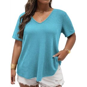 DOLNINE Plus Size Tops for Women Summer Casual V Neck Shirts Waffle Knit Short Sleeve Tees Tunics