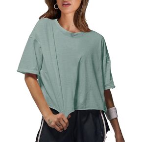 AKEWEI Women's Short Sleeve Crop Tops with Raw-Cut Hem Summer Casual Crewneck Drop Shoulder Shirts Solid Workout T-Shirt in Kuwait