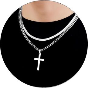 Layered Cross Necklace for Men Boys Stainless Steel Layered Snake Chain Cuban Link Chain 16-24 inch Christian Cross Pendant Religious Jewelry Gifts in Saudi Arabia