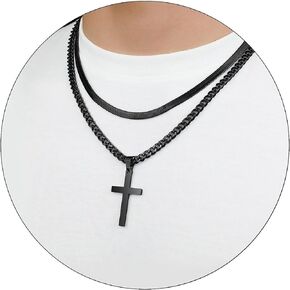 Layered Cross Necklace for Men Boys Stainless Steel Layered Snake Chain Cuban Link Chain 16-24 inch Christian Cross Pendant Religious Jewelry Gifts