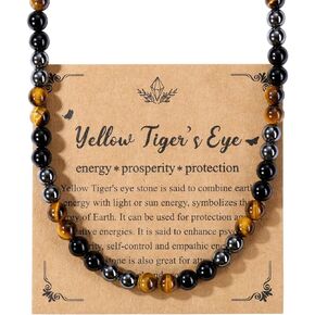 Jovivi Mens Healing Crystal Black Obsidian Tigers Eye Hematite Beaded Necklace Natural Stone Beads Necklace Triple Protection Jewelry Gifts for Men Stress Relief,Balance