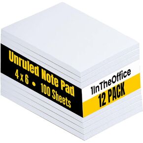 1InTheOffice Scratch Pad 4x6, Unruled Note Pad, Memo Pad 4x6, White, 100 Sheets, (12 Pack)