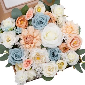 Blue Artificial Flowers Wedding Deco,Fake Silk Flowers with Stems for DIY Bouquets Centerpieces Fall Decor Party Baby Shower Home Decoration - 1x Combo Box