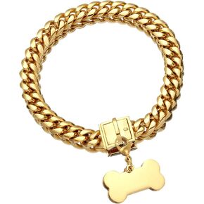 Jewelry Kingdom 1 Gold Dog Chain Collar with Dog ID Tag 18K Metal Stainles Steel Cuban Link Chain Strong Heavy Duty Chew Proof Walking Training Chain Collar (15MM, 14")