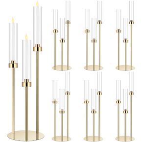 Layhit 6 Set Acrylic Candelabra Centerpiece Candle Holder 3 Arm Pillar Taper Candlesticks with Acrylic Shade Circular Base for Wedding Party Table Decoration Fit 0.87 LED Candle(Clear,30.7")