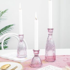 Candle Stick Candle Holder, 2024 Glass Candle Holders for Table Centerpiece, Vintage Ribbed Candle Holder 3Pack for Home Decor, Wedding, Party (Amber)
