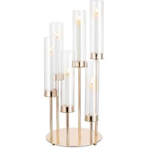 NUPTIO Hurricane Glass Candle Holders: 6 Arm Gold Metal Candlestick Candelabra with Removable Clear Cylinder Sleeve 24 inch Tall Candelabras Large Taper Holder for Outdoor Wedding Table Centerpiece