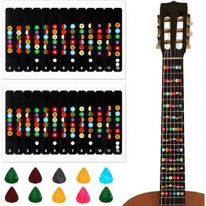 ورقتان من ملصقات لوحة الجيتار مع 10 قطع من قطع الجيتار، ملصقات ملاحظات الجيتار المرمزة بالألوان للمبتدئين تناسب 6 أوتار جيتار صوتي in Kuwait