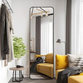 NeuType 65"x22" Full Length Mirror Floor Mirror with Stand Large Bedroom Mirror Wall-Mounted Mirror Standing or Leaning Against Wall Aluminum Alloy Frame Dressing Mirror, Black, Round Corner