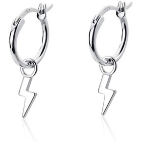 Small Lightning Bolt Dangle Hoop Earrings for Women Girls Sterling Silver Dipped Huggie Personalized Drop Clip Hypoallergenic Stud Delicate Charm Punk Fashion Jewelry Chic White Gold Plated