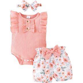 3Pcs Newborn Baby Girl Summer Outfits Ruffle Sleeveless Knit Romper Floral Shorts with Headband Clothes Set