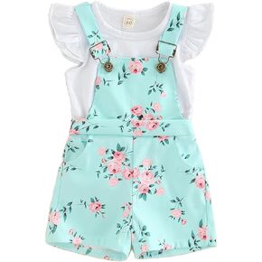 Toddler Baby Girl Overalls Ruffle Sleeve T-Shirt Top Floral Suspender Short Pants Little Kids Summer Clothes Set