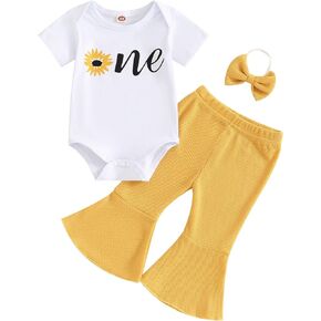DNOMAID YZARC Baby Girl 1st Birthday Clothes First Trip Around The Sun Short Sleeve Romper Flare Pants 3Pcs Cake Smash Outfit