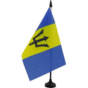 علم طاولة باربادوس من AZ FLAG مقاس 5 بوصة × 8 بوصة - علم مكتب باربادوس مقاس 21 × 14 سم - عصا وقاعدة بلاستيكية سوداء
