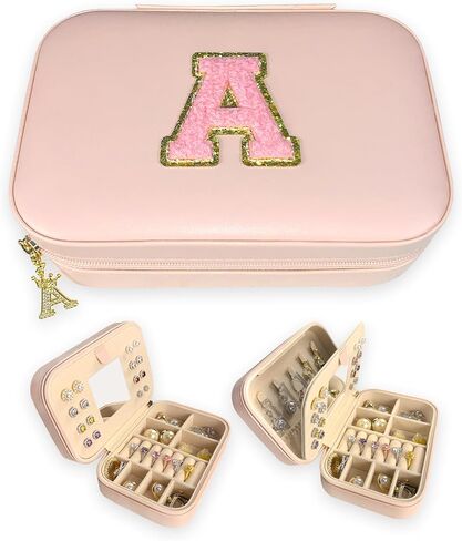 TopPerfekt Jewelry Box Travel Jewelry Case With Mirror, Jewelry Organizer Bridal Shower Gifts To Her, Earring Travel Case Teen Girl Gifts Trendy Stuff, Gift for Women and Girls Initial A in Saudi Arabia