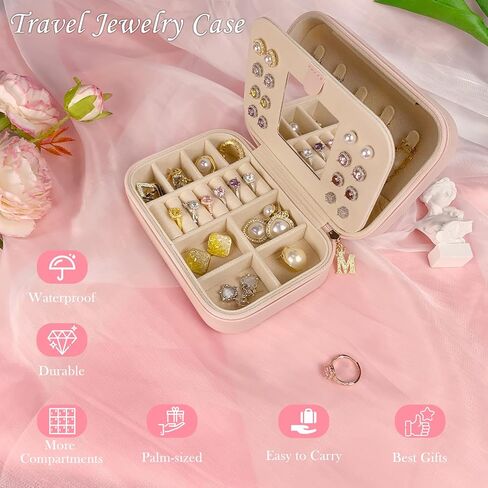 TopPerfekt Jewelry Box Travel Jewelry Case With Mirror, Jewelry Organizer Bridal Shower Gifts To Her, Earring Travel Case Teen Girl Gifts Trendy Stuff, Gift for Women and Girls Initial A in Saudi Arabia