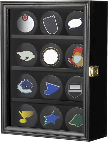 حقيبة عرض Bekith 12 Hockey Puck مع باب حماية من الأشعة فوق البنفسجية قابل للقفل، حامل عفريت رف صندوق الظل خزانة حائط، إطار أسود in Kuwait