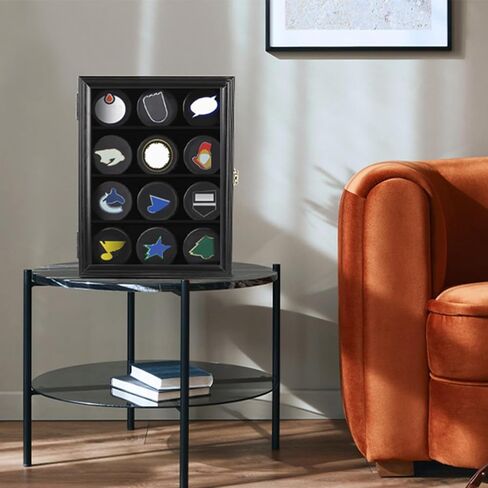 حقيبة عرض Bekith 12 Hockey Puck مع باب حماية من الأشعة فوق البنفسجية قابل للقفل، حامل عفريت رف صندوق الظل خزانة حائط، إطار أسود in Kuwait