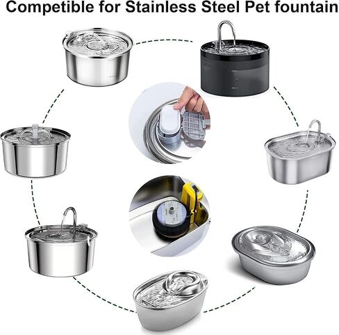 Cat Water Fountain Filters Pet Fountain Filter Replacement Filters Compatible Stainless Steel 2L/67oz, 3.2L/108oz Adjustable Water Flow, 8 Cat Fountain Replacement Filters with 8 Pre-Filter Sponges in Saudi Arabia