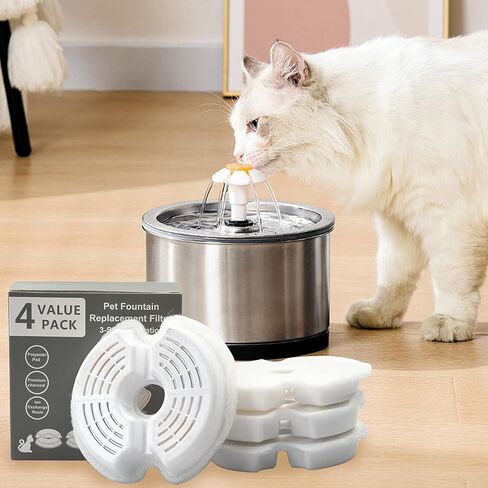 Cat Water Fountain Filters Pet Fountain Filter Replacement Filters Compatible Stainless Steel 2L/67oz, 3.2L/108oz Adjustable Water Flow, 8 Cat Fountain Replacement Filters with 8 Pre-Filter Sponges in Saudi Arabia