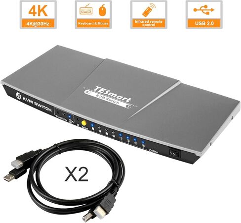 محول TESmart 4 منافذ HDMI KVM، يدعم 4K@30 هرتز RGB 4:4:4، محور USB 2.0، EDID، مفتاح التشغيل السريع، تبديل الأزرار، جهاز التحكم عن بعد بالأشعة تحت الحمراء، صندوق تبديل ماوس لوحة مفاتيح الكمبيوتر لـ 4 أجهزة كمبيوتر/خوادم/DVR مع كابلات بطول 5 أقدام in Kuwait
